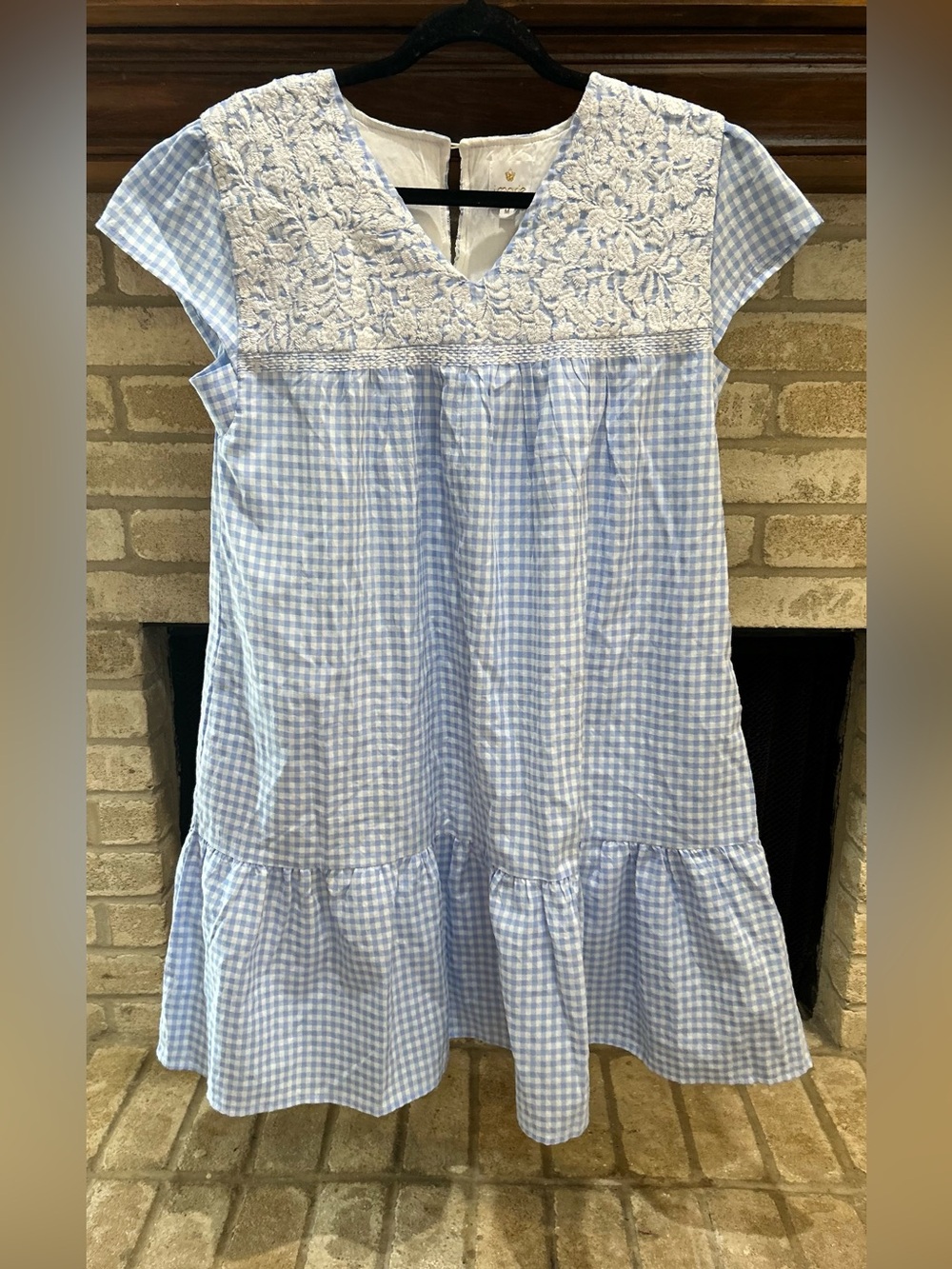 Women's Light Blue Gingham Midi Dress with Lace Yoke EUC